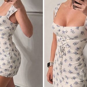 Reformation Jess Dress Mini in Floral Teresa Lace Up Bodice White Viscose Size 0